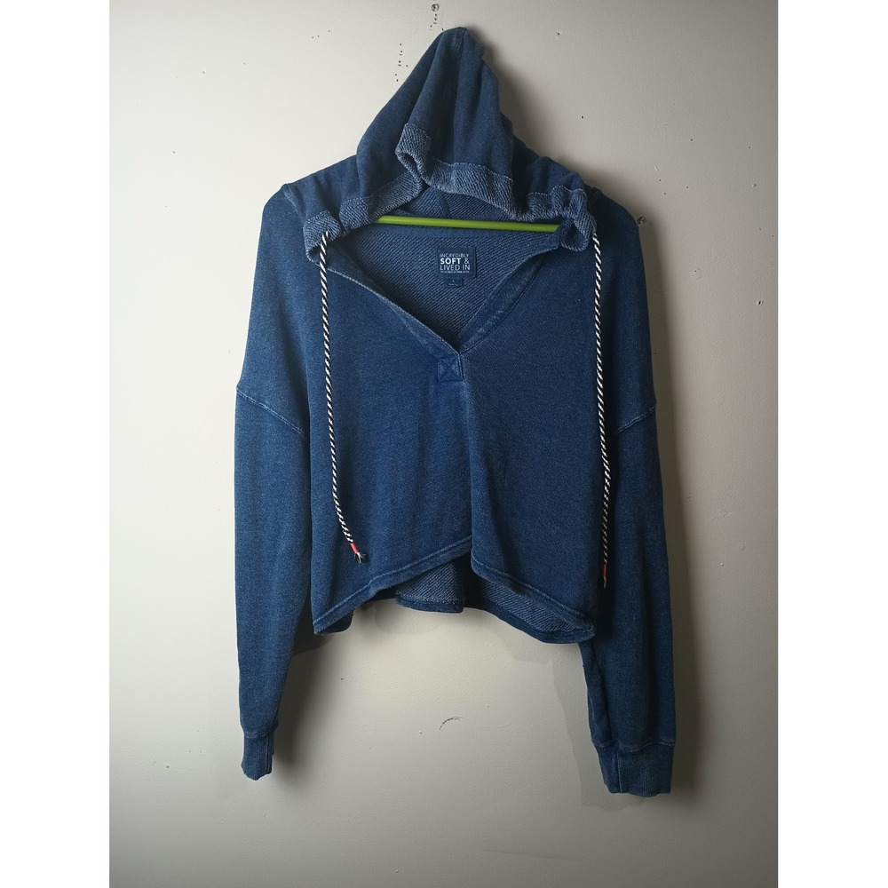 Pink Rose Incredibly‎ Soft Lived In Cropped Hoodie Blue Denim Wash V-Neck Large